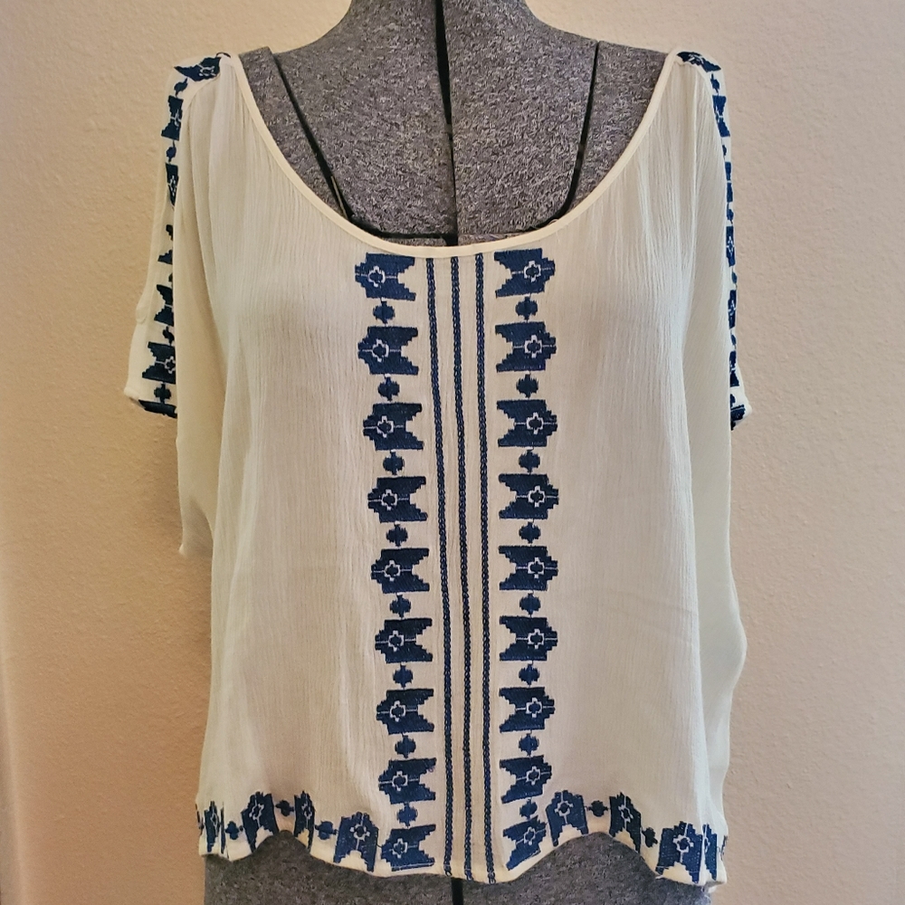White and blue crop top with peek-a-boo shoulders